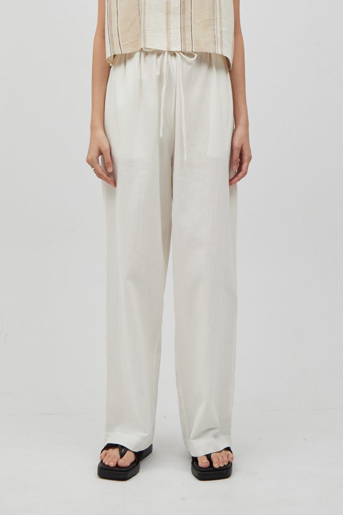 Fray Drawstring Linen Pants White